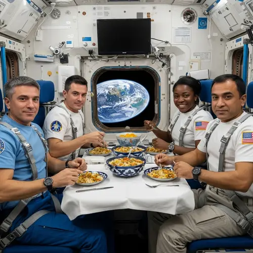 Zero Gravity Dining Experience: Astronauts Enjoying Uzbek Plov in Space
