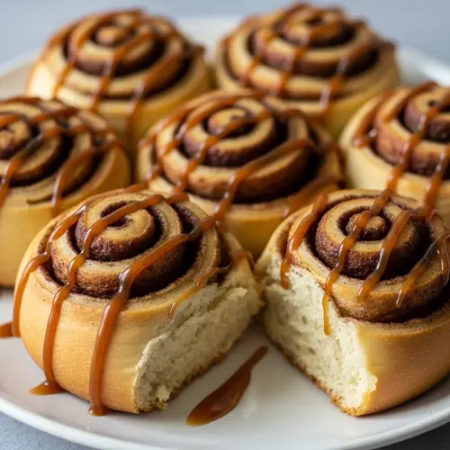 Homemade Caramel Cinnamon Scrolls on a Plate