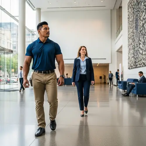 Professional Male Bodyguard Safeguarding a Female Client in an Office Building