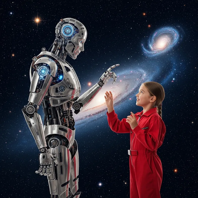 Girl and Friendly AI Robot in Red Jumpsuit | Space Tech Interaction