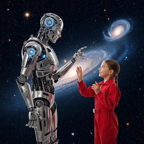 Girl Interacting with AI Robot in Red Jumpsuit | Space Background