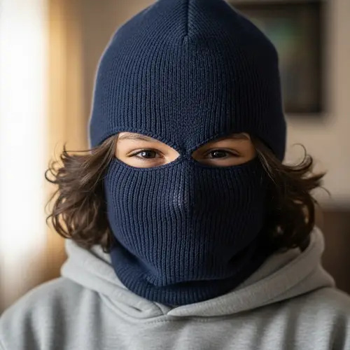 Boy with Long Curly Hair in Balaclava