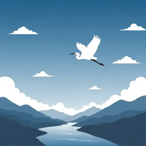 White Egret Flying in Blue Sky Over River and Mountains