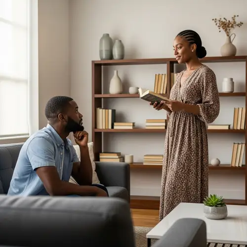 African American Man Looking at Woman in Modern Living Room