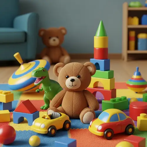 Colorful Toy Illustration with Teddy Bear, Dinosaur, and Car