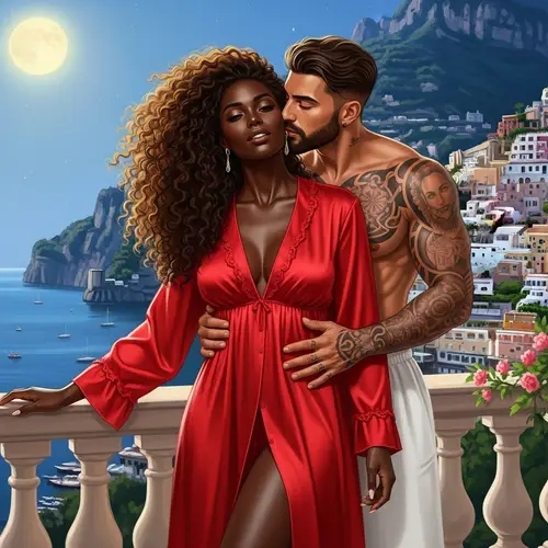 Romantic Scene: Black Woman and Italian Man on Amalfi Coast