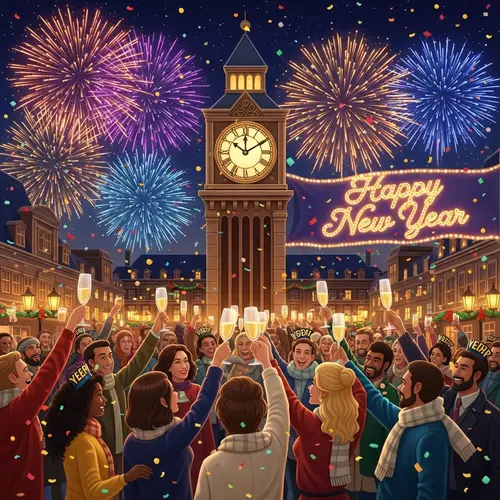 Grand New Year's Celebration with Clock Striking Midnight