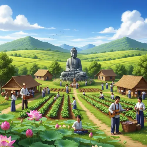 Tranquil Farming Village with Buddha Statue and Diverse Villagers