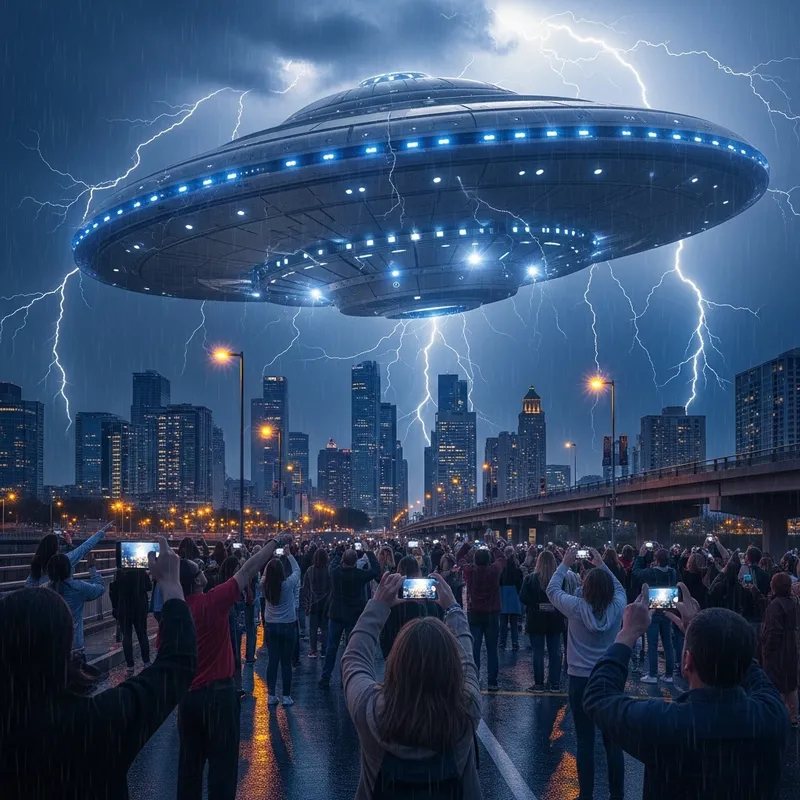 Alien Spaceship Over City During Lightning Storm