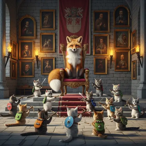 Ancient Castle with Fox and Armed Kittens - Surreal Art in Paintings