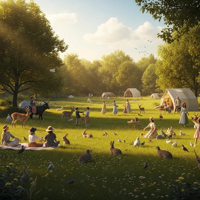 Harmonious Paradise: Joyful Animals & Humans in Vibrant Scene