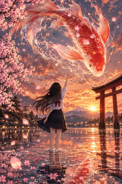 Stunning Anime Schoolgirl with Koi Fish Illustration