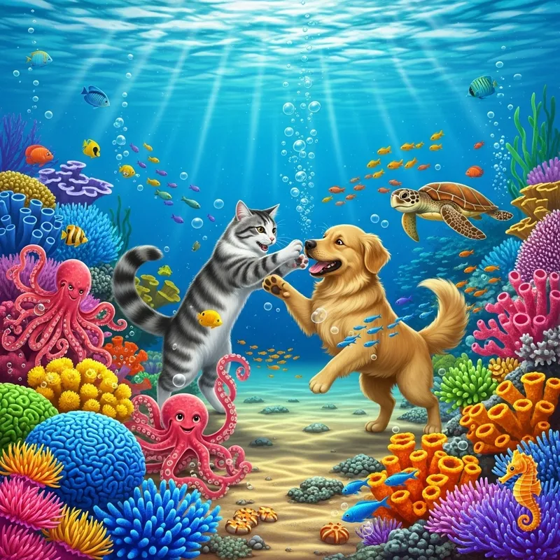 Playful Cat and Dog Underwater Frolic | Coral Reef Sea Life