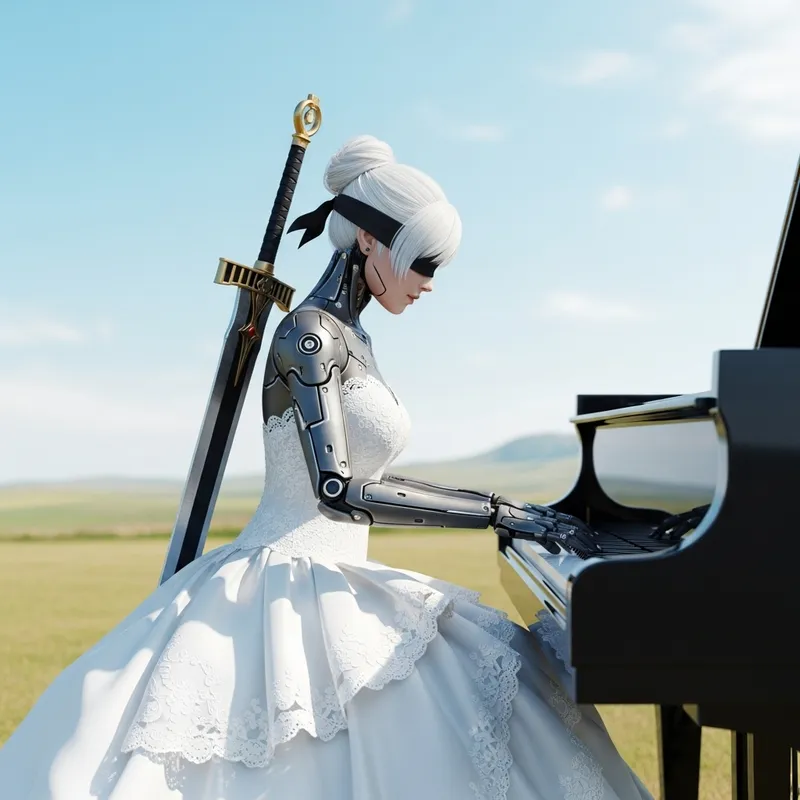 Female Android in Wedding Dress Playing Piano