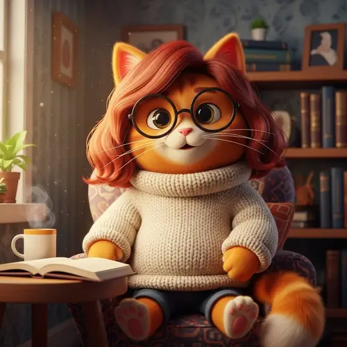 Charming Cartoon Cat with Medium-Length Wavy Red Hair
