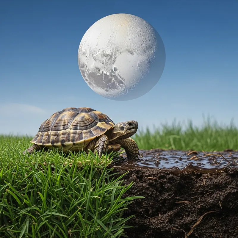 Humble Turtle in Natural Habitat on Ground with Grass and Mud, Pluto Sky View
