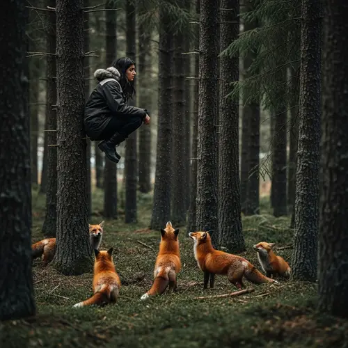 Curious Red Foxes Encounter Middle-Eastern Girl in Dense Spruce Forest