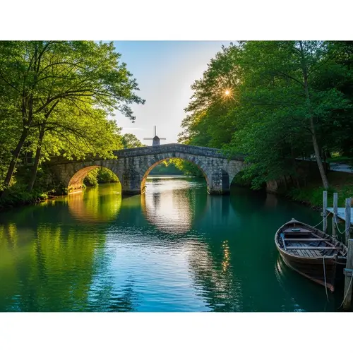 Tranquil Scene of Rustic Waterway with Stone Bridge and Forests