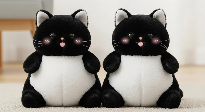 Playful Black Plush Cat Toys with Adorable Bellies on Soft Carpet Playful Black Plush Cat Toys with Adorable Bellies on Soft Carpet
