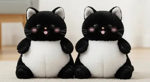 Adorable Black Plush Cat Toys Having Fun on Soft Carpet