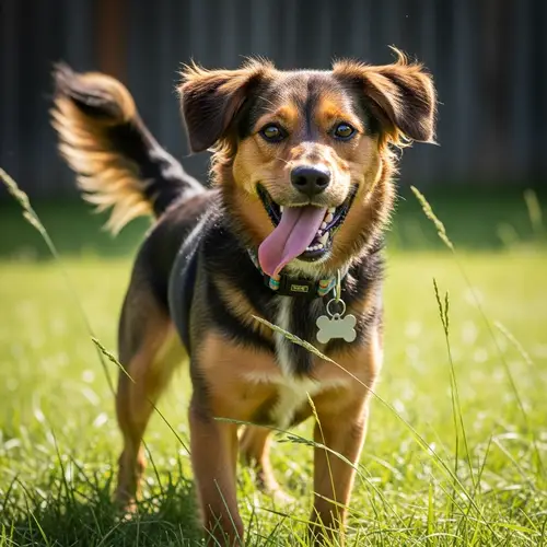 Energetic Medium-Sized Mutt in Playful Stance | Joyful Dog in Sunny Backyard