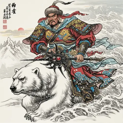 Genghis Khan on Polar Bear: Traditional Chinese Painting