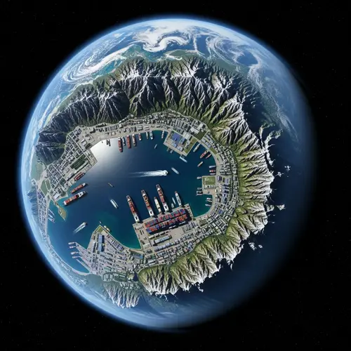 3D Earth Rendering with Majestic Mountain Range and Busy Port View