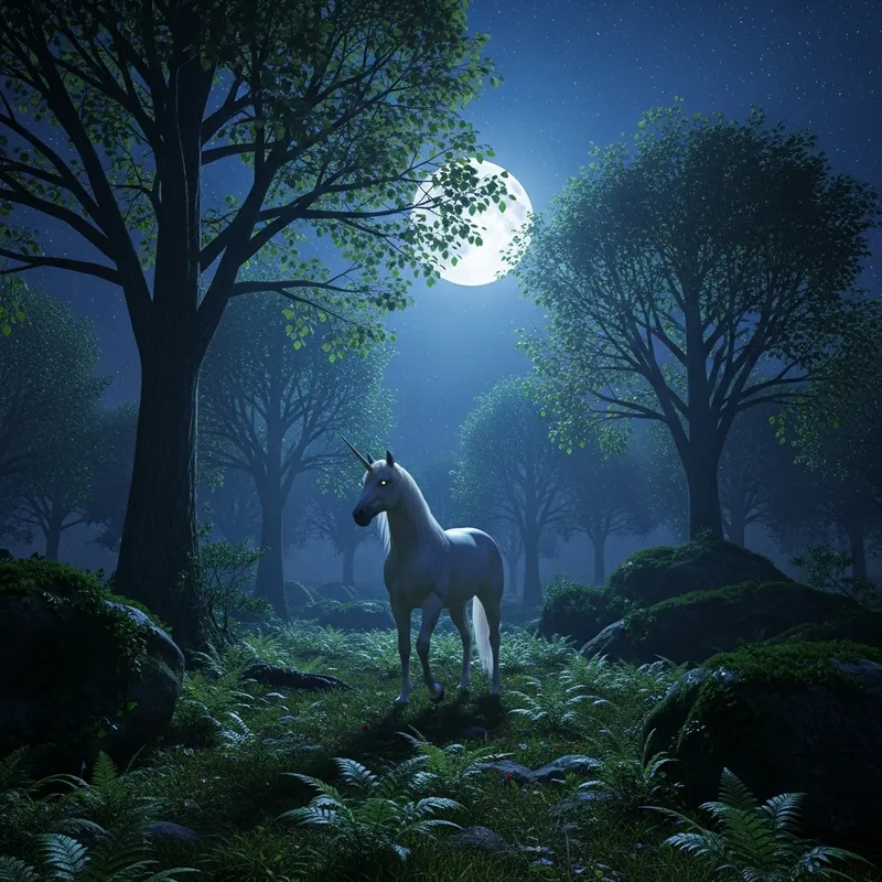 Unicorn in Mystical Forest under Moonlight
