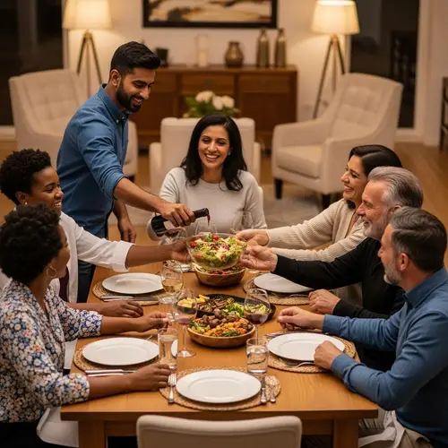 Multicultural Dinner Party: Joyful Gathering Around Wooden Table