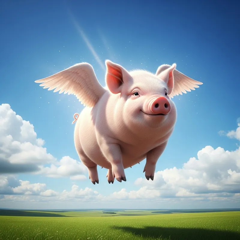 Chubby Flying Pig in Blue Sky - Magical Soaring Image