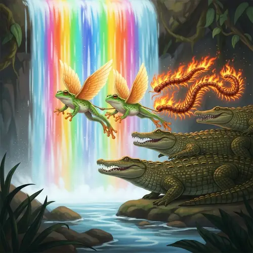 Magical Illustration: Frogs with Wings Gliding under Rainbow Waterfalls