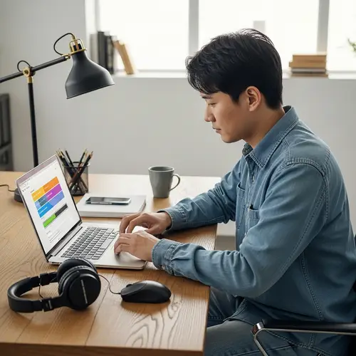East Asian Man Operating Laptop with Software Installation Progress