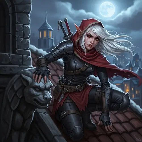 Half-Elf Girl Concept Art | Moonlit Northern City Rooftop Scene