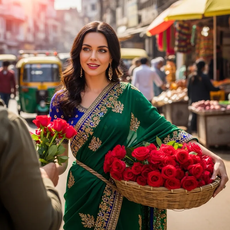 Attractive White Woman in Saree Selling Roses in India