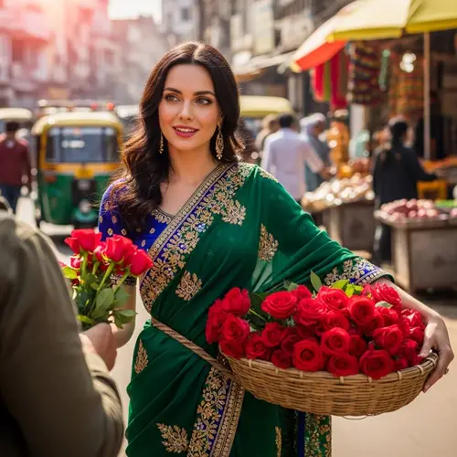 Enchanting Fair European Woman in Vibrant Saree Selling Red Roses