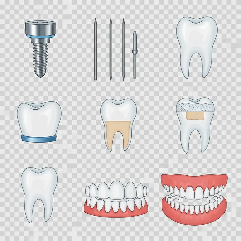 Dental Icons Set: Implants, Pins, Fillings, Prosthetics