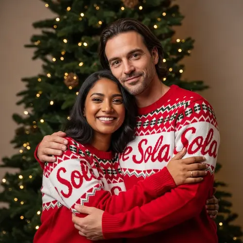 Festive Holiday Image: South-Asian Woman & French Man Sharing Warm Hug