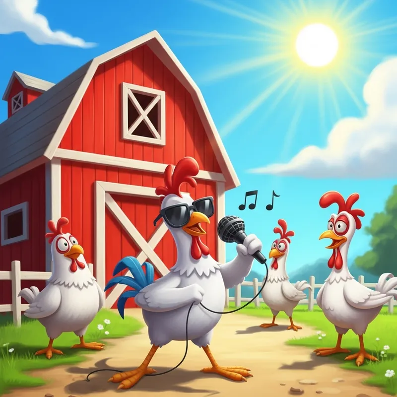 Comical Cartoon Chickens at Red Barn: Vibrant Outdoor Scene