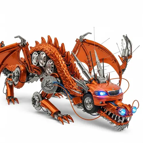 Intricately Designed Orange Dragon Made from Car Parts
