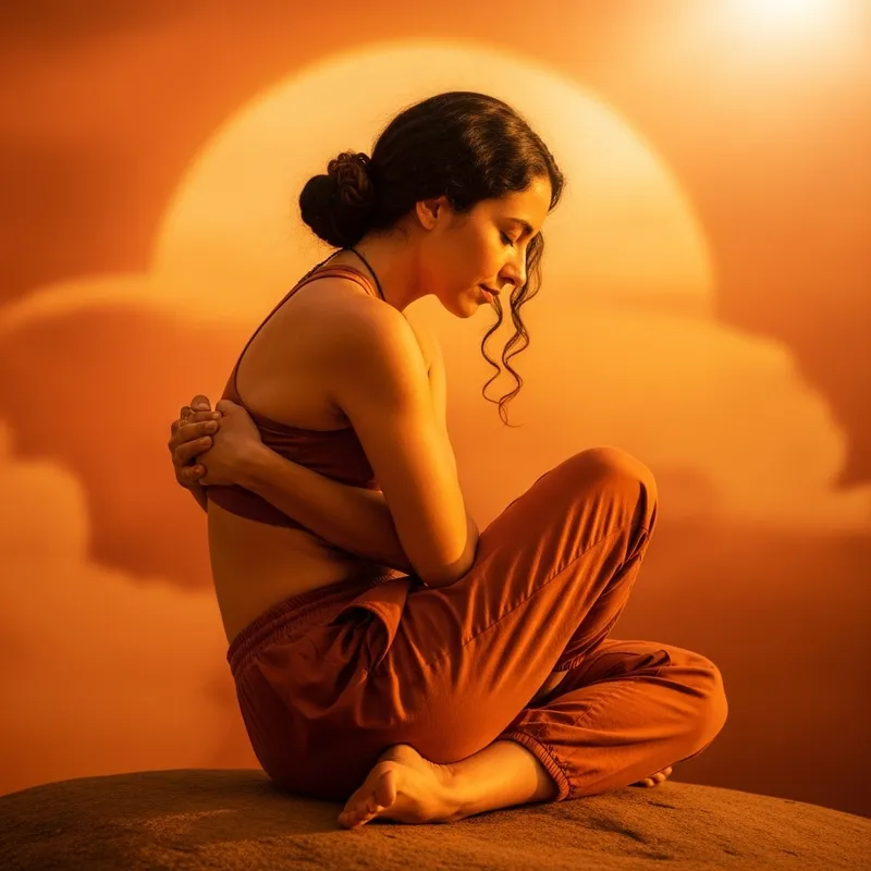 Hispanic Woman Meditating in Padasana Pose Surrounded by Warm Orange Hues