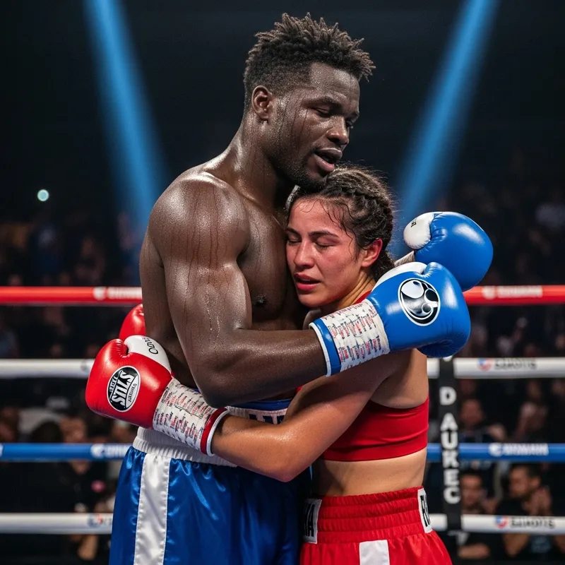 Touching Display of Sportsmanship: Boxers Embracing in the Ring Touching Display of Sportsmanship: Boxers Embracing in the Ring