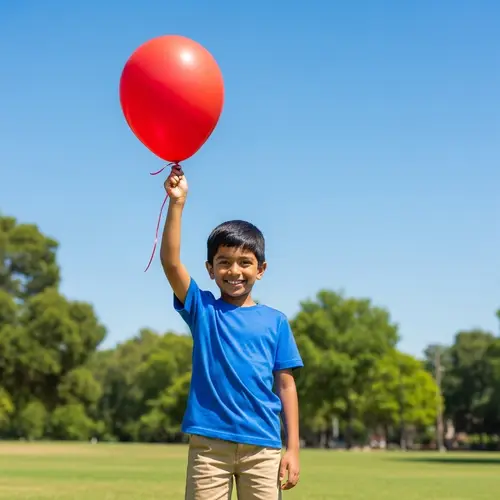 Happy South Asian Boy with Red Balloon in Sunny Park
