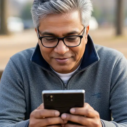 Indian Man with Black and White Hair Using Samsung Fold Phone