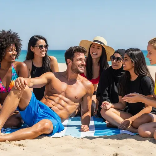 Summer Beach Vibes: Fit Hispanic Man with Six-Pack Abs Surrounded by Diverse Women