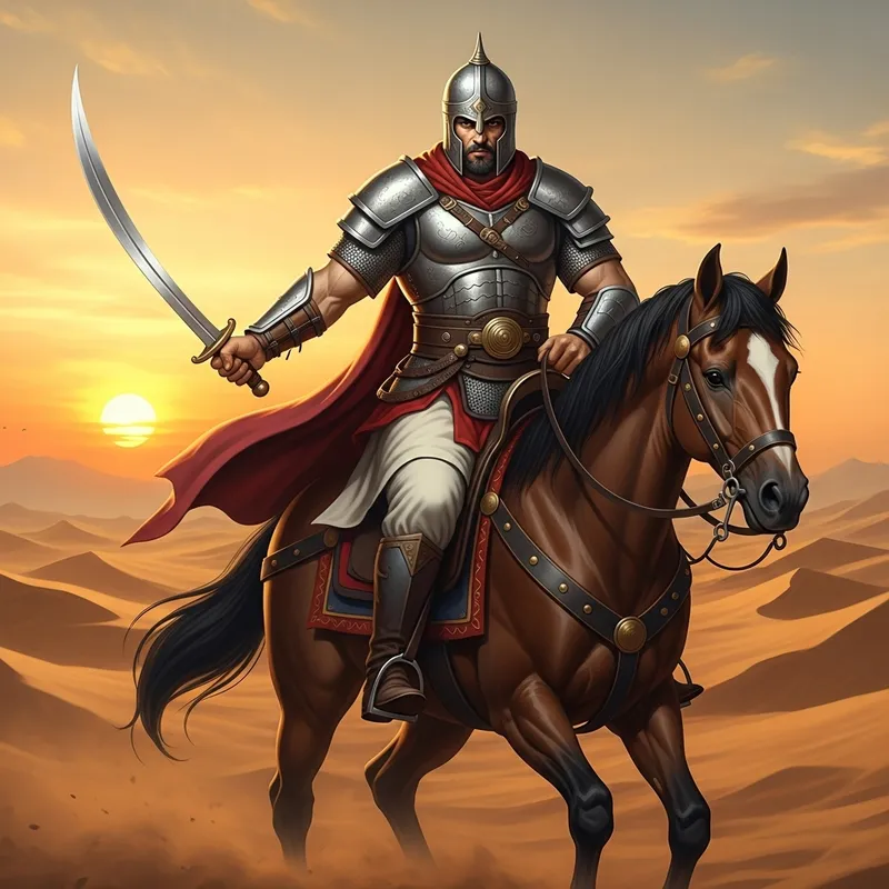 Powerful Arab Muslim Warrior on Horseback in Ancient Times
