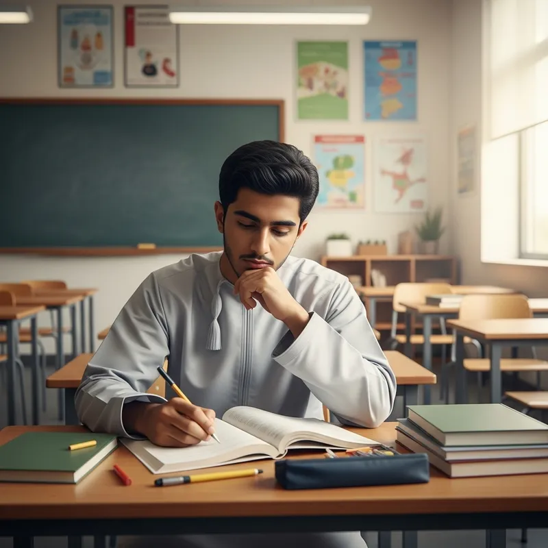 Omani Student in Classroom Deeply Engrossed in Studying