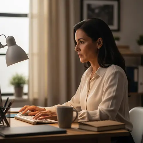 Hispanic Middle-Aged Woman Working at Neat Desk