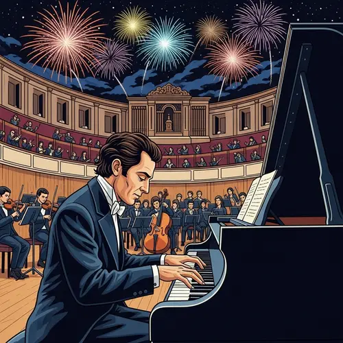 Italian Composer at Piano in Festive Concert Hall | New Year Celebrations