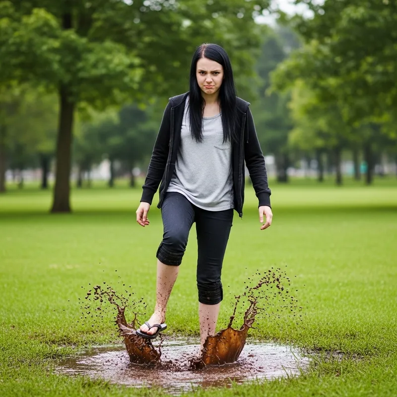 Young Girl Wednesday Steps in Mud in Flip-Flops