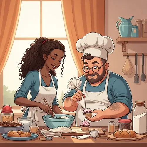 Heartwarming Cake Baking Scene with Diverse Couple